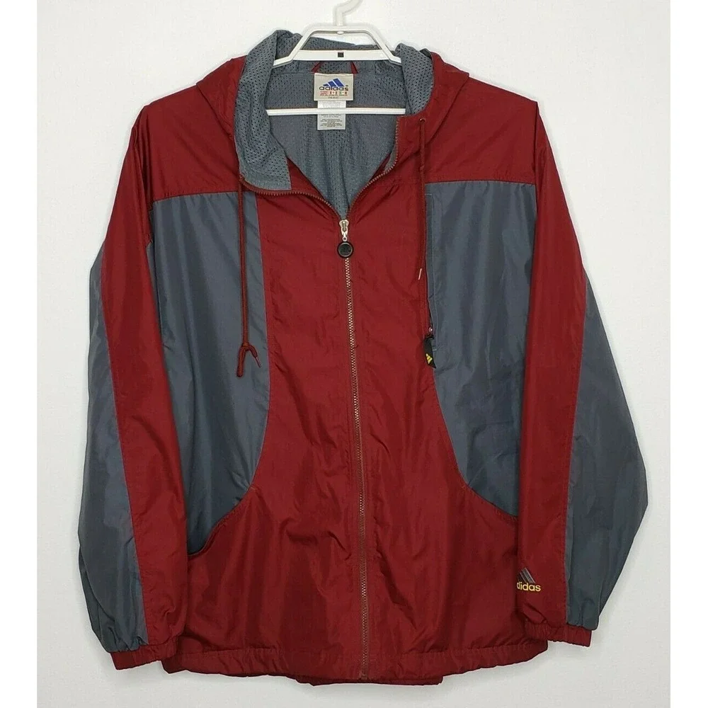 Adidas Men's Jacket XL L/S Maroon Gray Hooded Full Zip Mesh‎ Lined Windbreaker